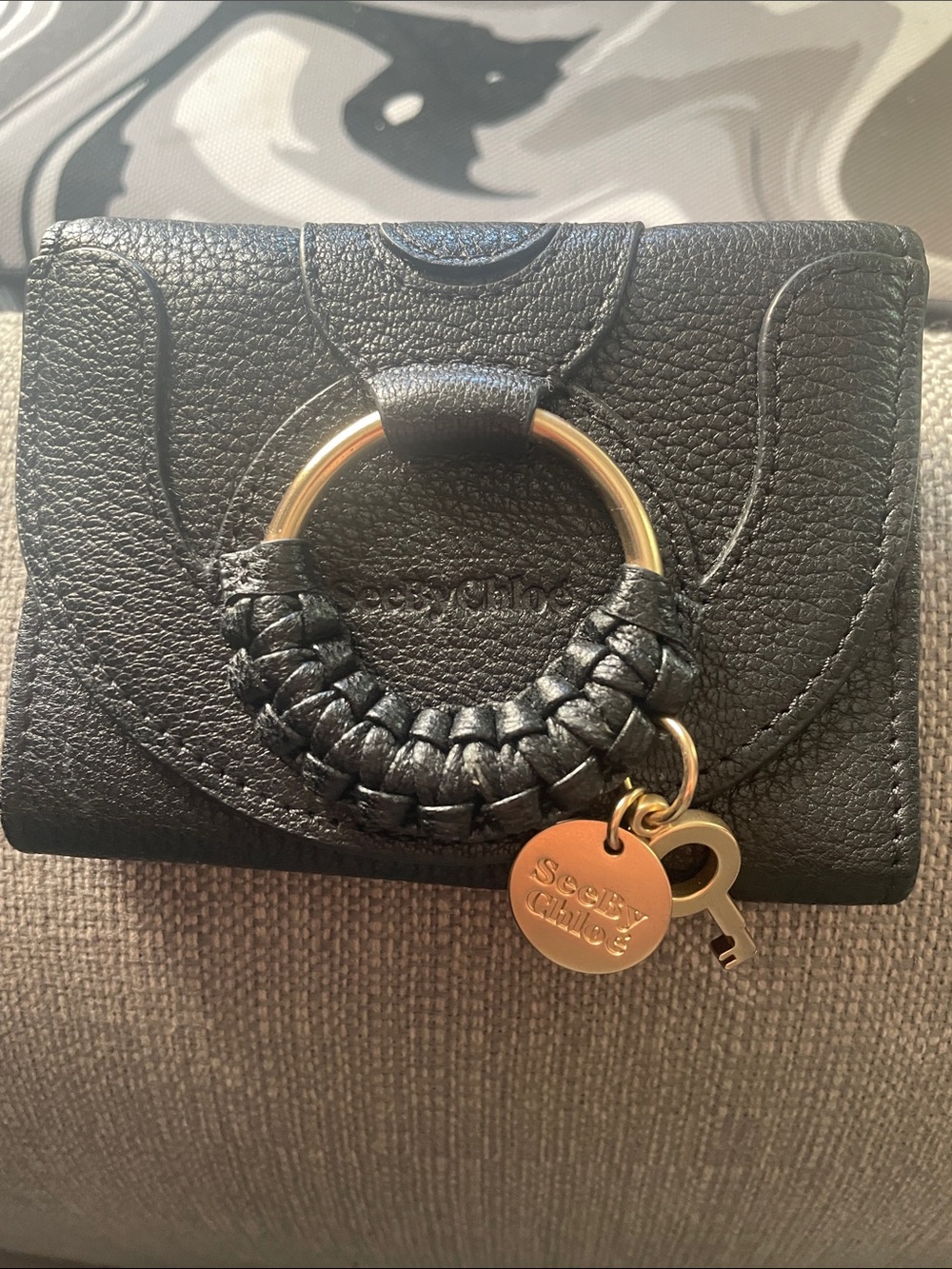 See By Chloe Black Leather Wallet with Gold Ring and Charms